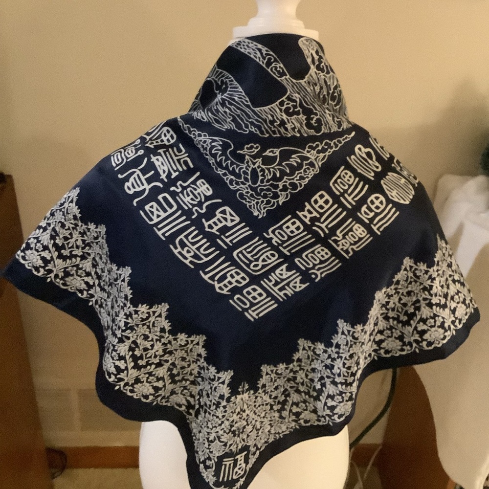 Chinese ChunHua Style Navy White Print 40” Square Scarf